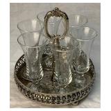 7 Piece Cordial Barware Set - Silverplated Stand and 6 Crystal Glasses