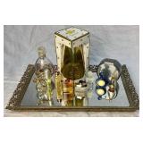 Vintage Gold Vanity Mirror with 11 Vintage Perfume Bottles
