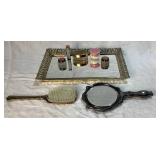 Vintage Vanity Mirror with Brush, Hand Mirror and Lipstick Holder, Cutex Containers and Lidded Glass Jar