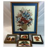 Vintage Crewel Embroidery Framed Floral Artwork
