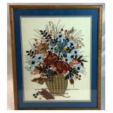 Vintage Crewel Embroidery Framed Floral Artwork