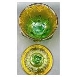 Fenton Amberina Hobnail Three Footed Egg, L.E. Smith Amberina Grape & Leaf Pattern Water Glass, and Jeanette Glass Covered Candy Dish