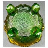 Fenton Amberina Hobnail Three Footed Egg, L.E. Smith Amberina Grape & Leaf Pattern Water Glass, and Jeanette Glass Covered Candy Dish