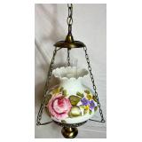 Milk Glass Painted Roses Hurricane Style Hanging Lamp