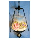 Milk Glass Painted Roses Hurricane Style Hanging Lamp
