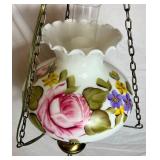 Milk Glass Painted Roses Hurricane Style Hanging Lamp