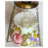 Milk Glass Painted Roses Hurricane Style Hanging Lamp