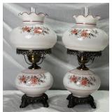 Vintage Pair of "Gone With the Wind" Style Pink & White Floral 3 Way Hurricane Lamps