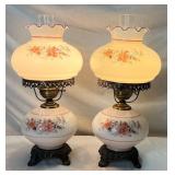 Vintage Pair of "Gone With the Wind" Style Pink & White Floral 3 Way Hurricane Lamps