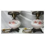 Vintage Pair of "Gone With the Wind" Style Pink & White Floral 3 Way Hurricane Lamps