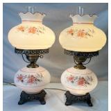 Vintage Pair of "Gone With the Wind" Style Pink & White Floral 3 Way Hurricane Lamps