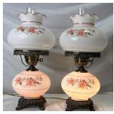 Vintage Pair of "Gone With the Wind" Style Pink & White Floral 3 Way Hurricane Lamps