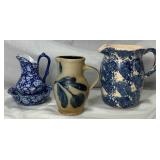 Vintage Pitcher Collection - Victoria Ware Ironstotne Pitcher & Basin, Blue Spongeware Pitcher and Salt Glaze Stoneware Pitcher