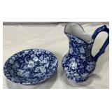 Vintage Pitcher Collection - Victoria Ware Ironstotne Pitcher & Basin, Blue Spongeware Pitcher and Salt Glaze Stoneware Pitcher