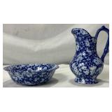 Vintage Pitcher Collection - Victoria Ware Ironstotne Pitcher & Basin, Blue Spongeware Pitcher and Salt Glaze Stoneware Pitcher