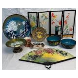 Asian Collection - Plate, Bowls, Vase, Small Screen, Fan, Tumbler & Tray and Sacha B Brastoff Enameled Dish