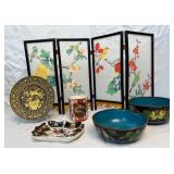 Asian Collection - Plate, Bowls, Vase, Small Screen, Fan, Tumbler & Tray and Sacha B Brastoff Enameled Dish
