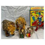 Vintage Wind Up Toys - Blic Clown Riding Scooter Toy, US Zone Germany Metal and Two Marx Leopard & Tiger