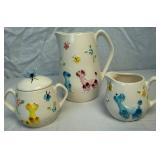 Vintage Enesco Poodle & Butterfly Pitcher with Creamer & Sugar and Porcelier Vitreous Teapot "Colonial Hearth"