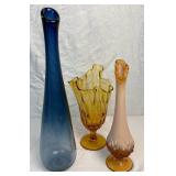 Collection of MCM Vases - Fenton Lily of the Valley Opalescent Amber 10" , Fenton Amber Thumbprint Swung Handkerchief  9.75" and Ombre Blue 14"