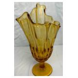 Collection of MCM Vases - Fenton Lily of the Valley Opalescent Amber 10" , Fenton Amber Thumbprint Swung Handkerchief  9.75" and Ombre Blue 14"