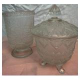 Fenton Currier & Ives Candleholder Winter Cabin and Fenton Hearts & Flowers Candy Dish