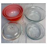Vintage Fire King Red to Orange Ombre Mixing Bowls, Lidded Dish and 2 Sapphire Blue Bowls