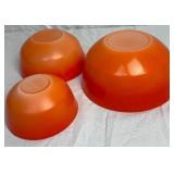 Vintage Fire King Red to Orange Ombre Mixing Bowls, Lidded Dish and 2 Sapphire Blue Bowls