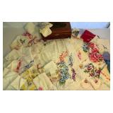 Collection of 34 Vintage Handkerchiefs and Hand Carved Jewelry Box