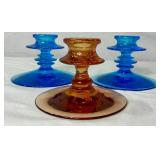 Vintage Fostoria Amber and Electric Blue Candlestick Holders