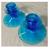 Vintage Fostoria Amber and Electric Blue Candlestick Holders