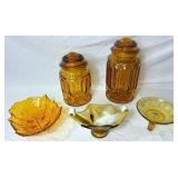 Vintage Amber Glass Collection - LE Smith Canisters, MCM Cabbage Leaf Bowl, Amber & White Glass Dish and Amber Etched Glass Dish with Handle