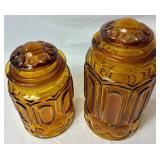 Vintage Amber Glass Collection - LE Smith Canisters, MCM Cabbage Leaf Bowl, Amber & White Glass Dish and Amber Etched Glass Dish with Handle