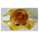 Vintage Amber Glass Collection - LE Smith Canisters, MCM Cabbage Leaf Bowl, Amber & White Glass Dish and Amber Etched Glass Dish with Handle