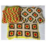 Retro Crocheted Blanket Bundle - One 48" X 48" Blanket Throw in Red, Green and Yellow, One Accent Throw 35" x 58" and One 23" x 23" Seat Cover