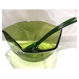 Indiana Glass Olive Green 3 Sided Alad Bowl w Tongs and Spoons IN BOX