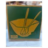Indiana Glass Olive Green 3 Sided Alad Bowl w Tongs and Spoons IN BOX