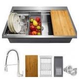AKDY Handmade All-in-One Topmount Stainless Steel 33 in. x 22 in. Single Bowl Kitchen Sink w/ Spring Neck Faucet, Accessory    Customer Returns See Pictures