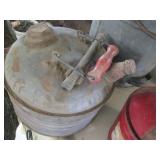 Vintage fuel cans, metal pail and V...