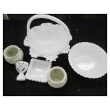 Large Hobnail milk glass basket wit...