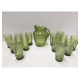 Retro Vintage Anchor Hocking Milano Green Glass Tumbler & Pitcher Set