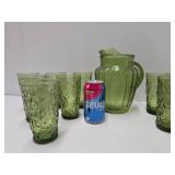 Retro Vintage Anchor Hocking Milano Green Glass Tumbler & Pitcher Set