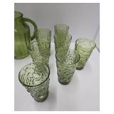 Retro Vintage Anchor Hocking Milano Green Glass Tumbler & Pitcher Set