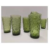 Retro Vintage Anchor Hocking Milano Green Glass Tumbler & Pitcher Set