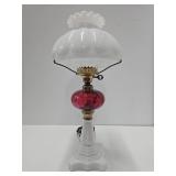 Nice Looking Vintage Cranberry & White Glass Electrified Oil Lamp