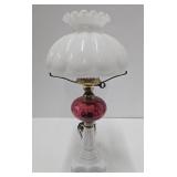 Nice Looking Vintage Cranberry & White Glass Electrified Oil Lamp