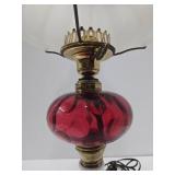 Nice Looking Vintage Cranberry & White Glass Electrified Oil Lamp
