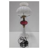 Nice Looking Vintage Cranberry & White Glass Electrified Oil Lamp