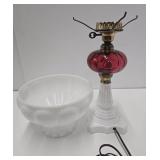 Nice Looking Vintage Cranberry & White Glass Electrified Oil Lamp