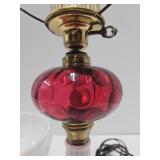 Nice Looking Vintage Cranberry & White Glass Electrified Oil Lamp